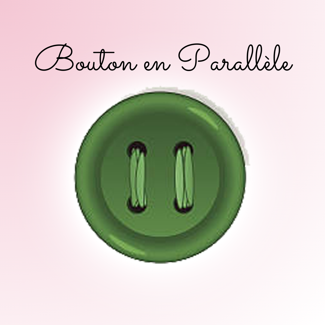 illustration avec un dessin d'un bouton vert a quatre trous cousue en parallèle sur un fond rosse avec un titre au dessus bouton parallèle