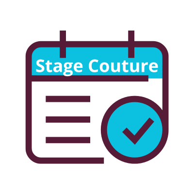 Illustration d’un calendrier avec la mention stage couture et une coche de validation, utilisée pour représenter la réservation d’un stage de couture dans l’atelier Lini Coutures et Créations Nouvelle Aquitaine